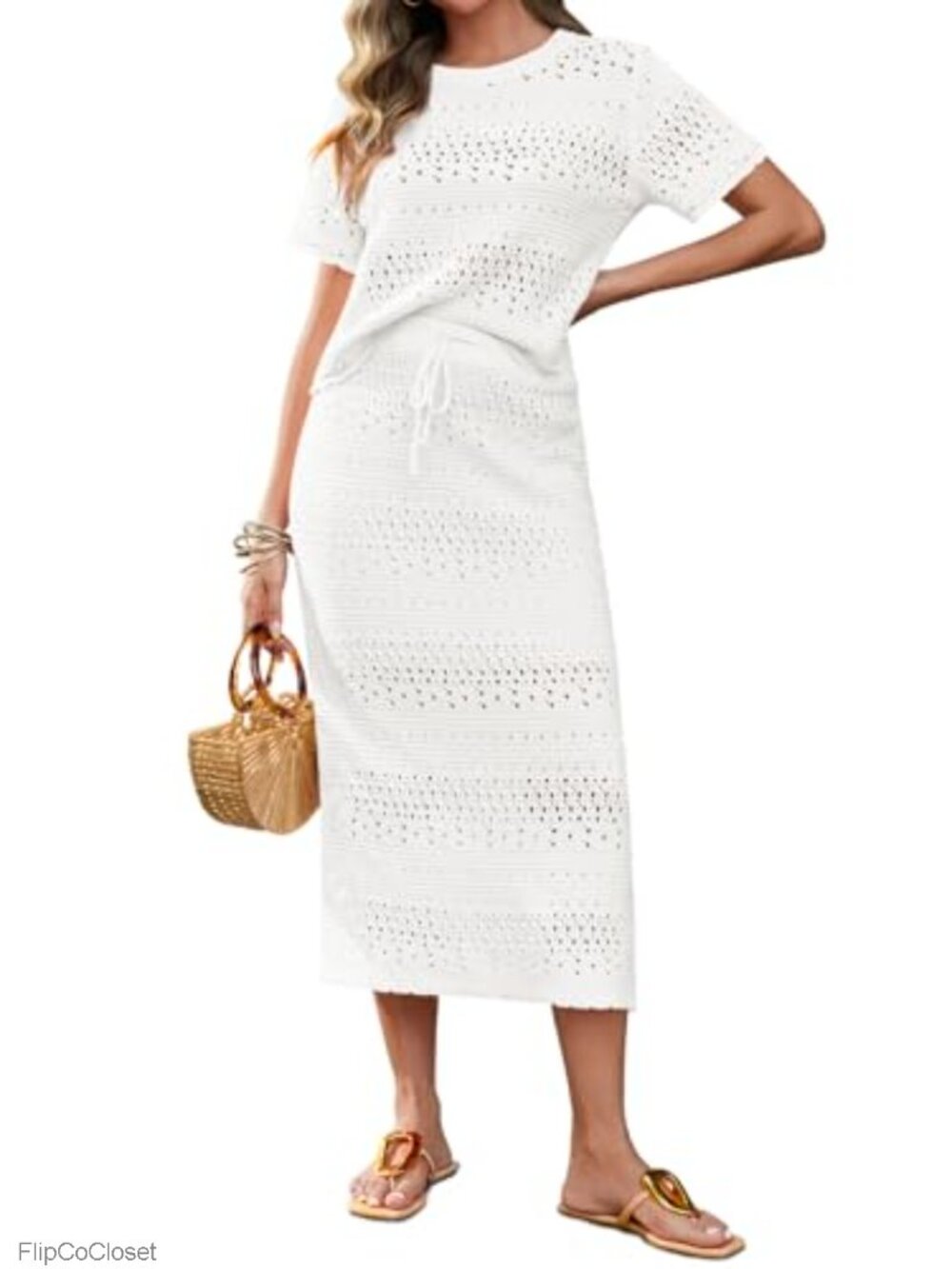 Womens Crochet 2 Piece Cover Up Set Midi Skirt Cotton Blend Vacation
